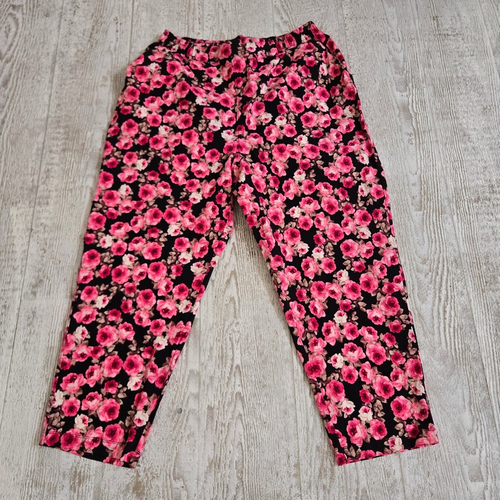 LuLaRoe Pink Rose Floral Cropped Pants 2XL Black Pink Elastic Waist Stretch